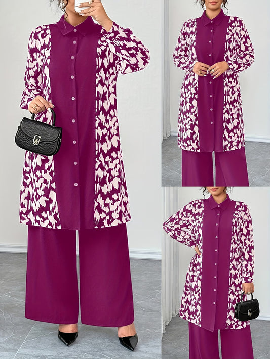 Women's Elegant Patchwork Cardigan, Mid-Length Shirt & Straight-Leg Trousers Set