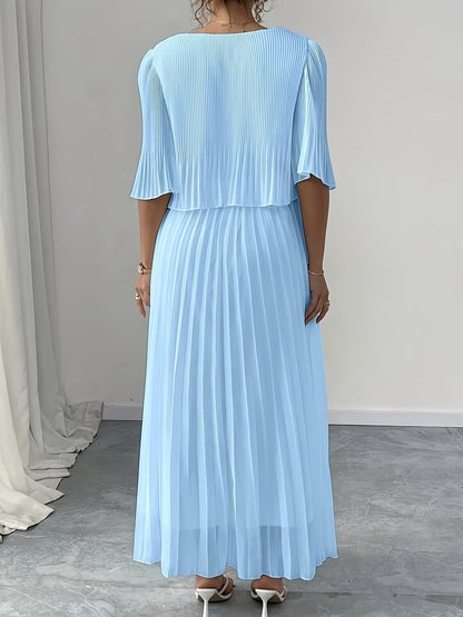 Elegant Plus Size Pleated Dress – Solid Color Fashionable European Style Women's Outfit