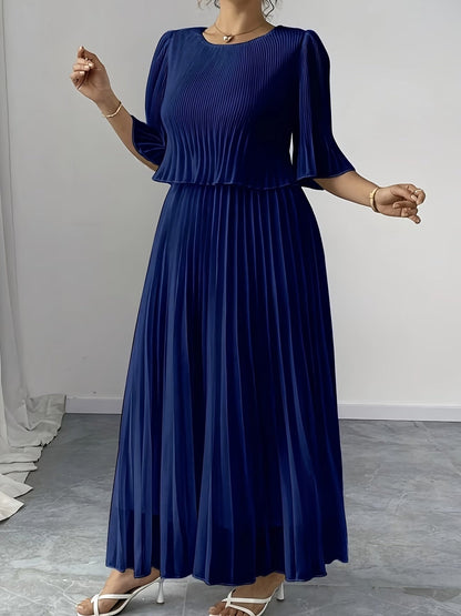 Elegant Plus Size Pleated Dress – Solid Color Fashionable European Style Women's Outfit