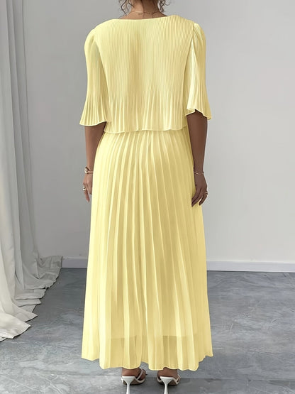 Elegant Plus Size Pleated Dress – Solid Color Fashionable European Style Women's Outfit