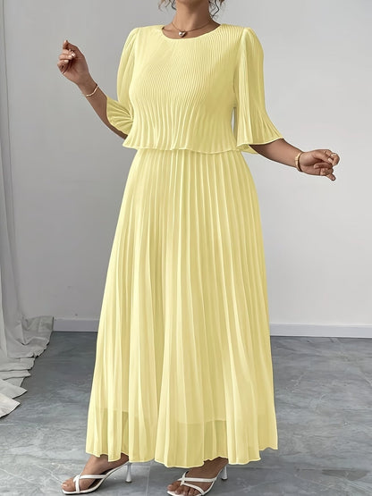 Elegant Plus Size Pleated Dress – Solid Color Fashionable European Style Women's Outfit