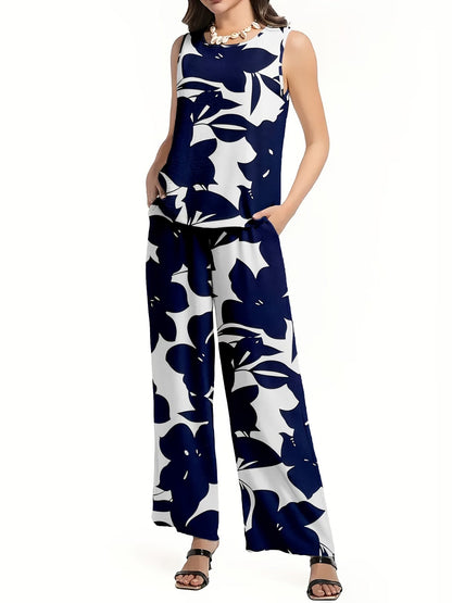 Chic Polka Dot Two-Piece Set – Stylish Top & Printed Pants Outfit for Women