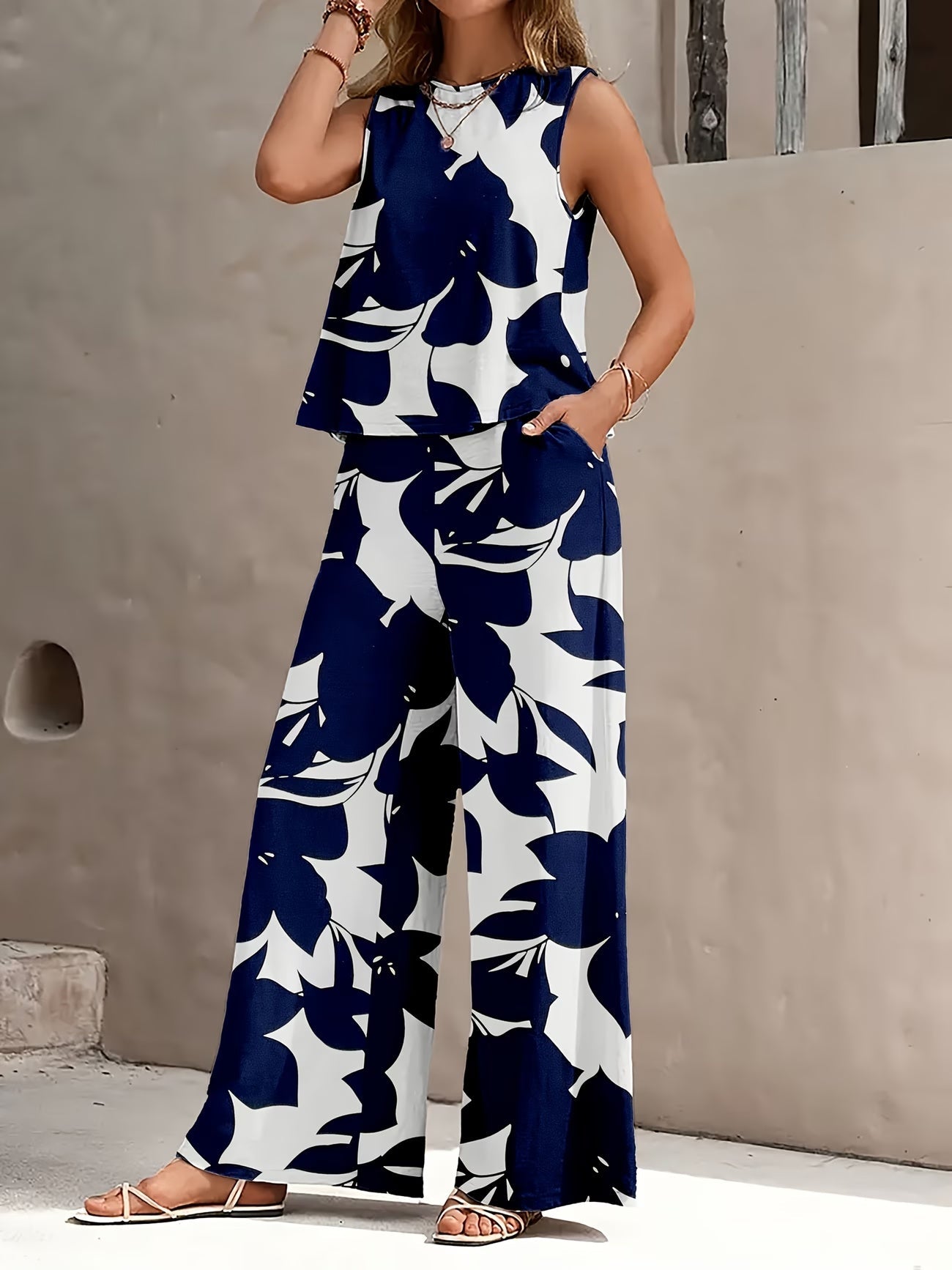 Chic Polka Dot Two-Piece Set – Stylish Top & Printed Pants Outfit for Women