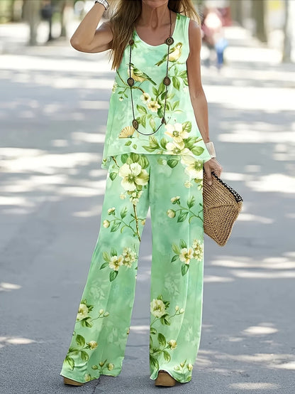 Chic Polka Dot Two-Piece Set – Stylish Top & Printed Pants Outfit for Women