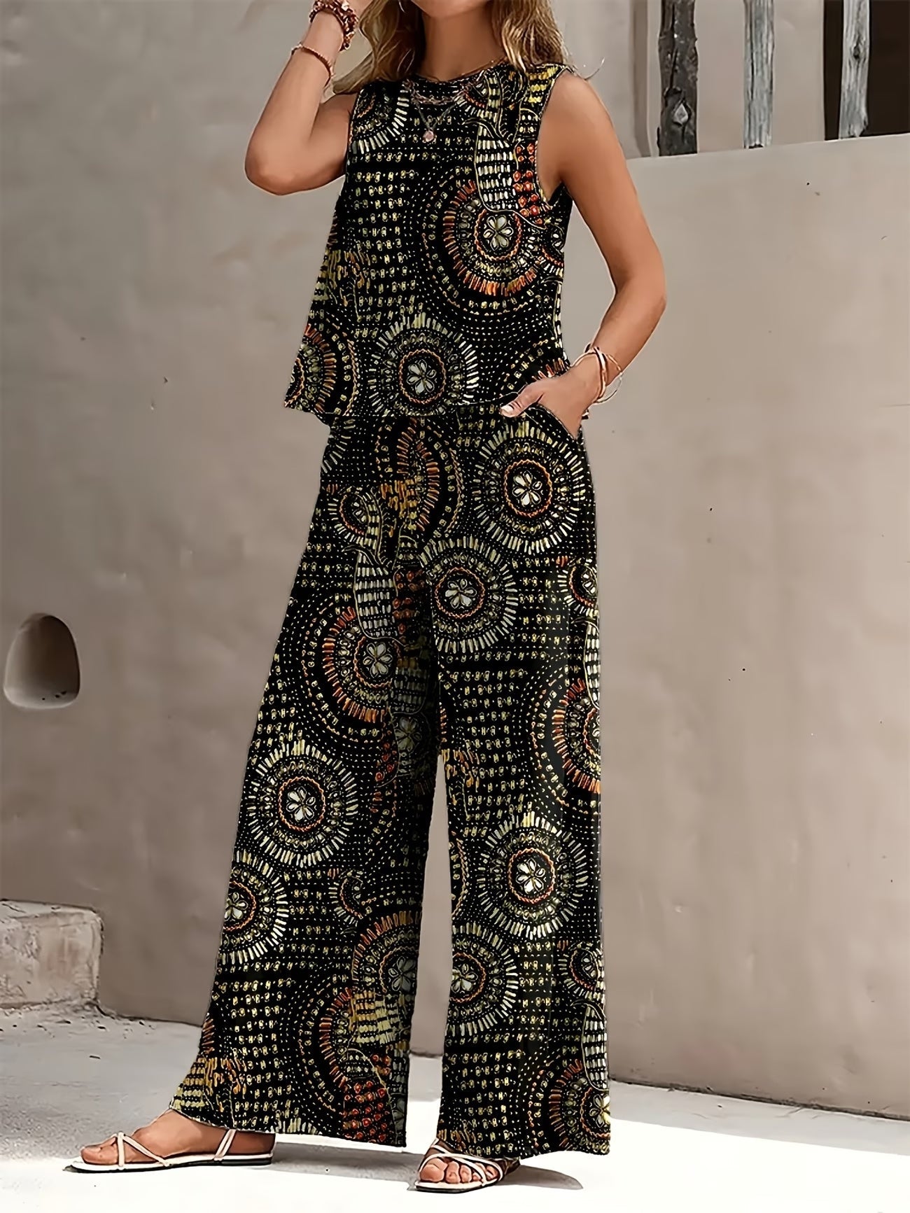 Chic Polka Dot Two-Piece Set – Stylish Top & Printed Pants Outfit for Women