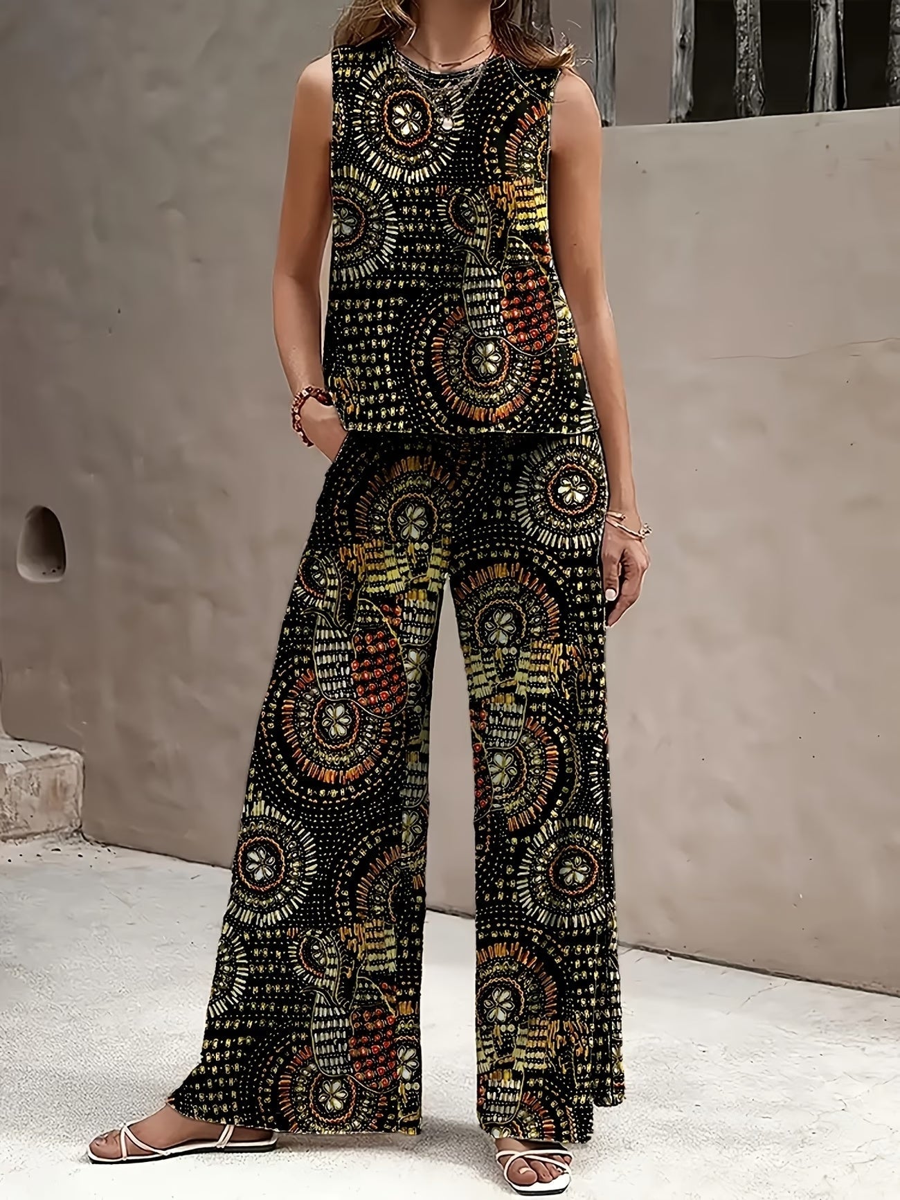 Chic Polka Dot Two-Piece Set – Stylish Top & Printed Pants Outfit for Women