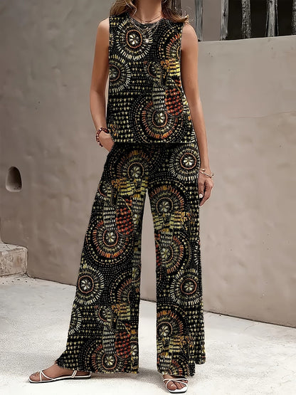 Chic Polka Dot Two-Piece Set – Stylish Top & Printed Pants Outfit for Women