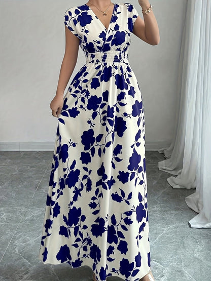 Elegant Floral Maxi Dress – V-Neck A-Line Flowing Dress with Cinched Waist for Women