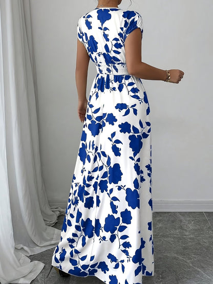 Elegant Floral Maxi Dress – V-Neck A-Line Flowing Dress with Cinched Waist for Women