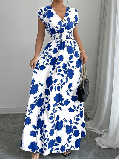 Elegant Floral Maxi Dress – V-Neck A-Line Flowing Dress with Cinched Waist for Women