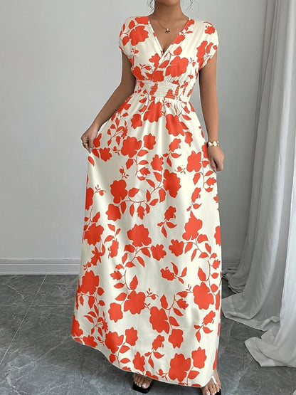 Elegant Floral Maxi Dress – V-Neck A-Line Flowing Dress with Cinched Waist for Women