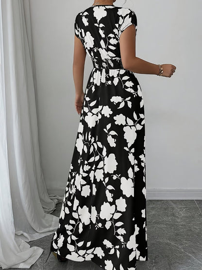 Elegant Floral Maxi Dress – V-Neck A-Line Flowing Dress with Cinched Waist for Women