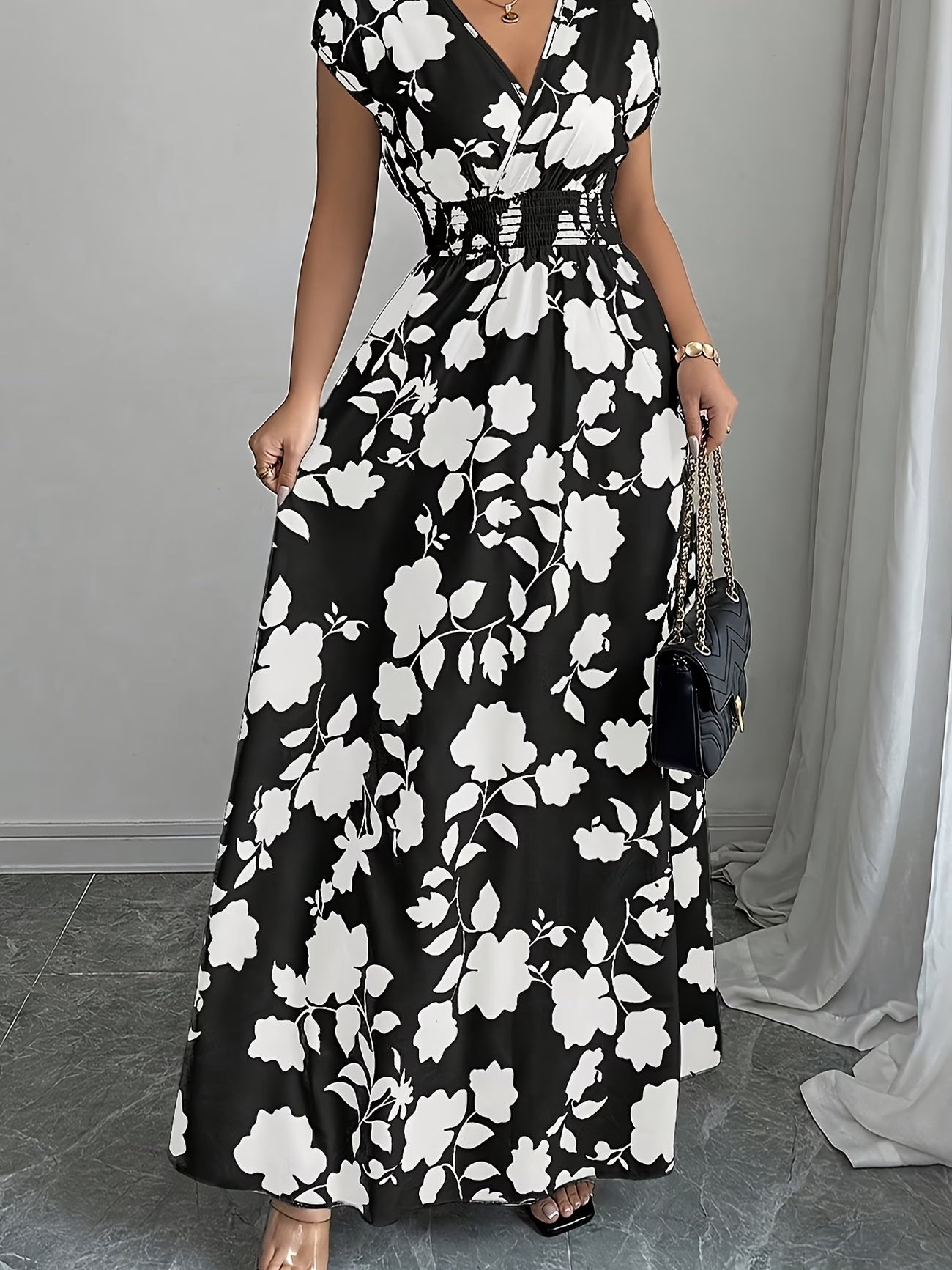 Elegant Floral Maxi Dress – V-Neck A-Line Flowing Dress with Cinched Waist for Women