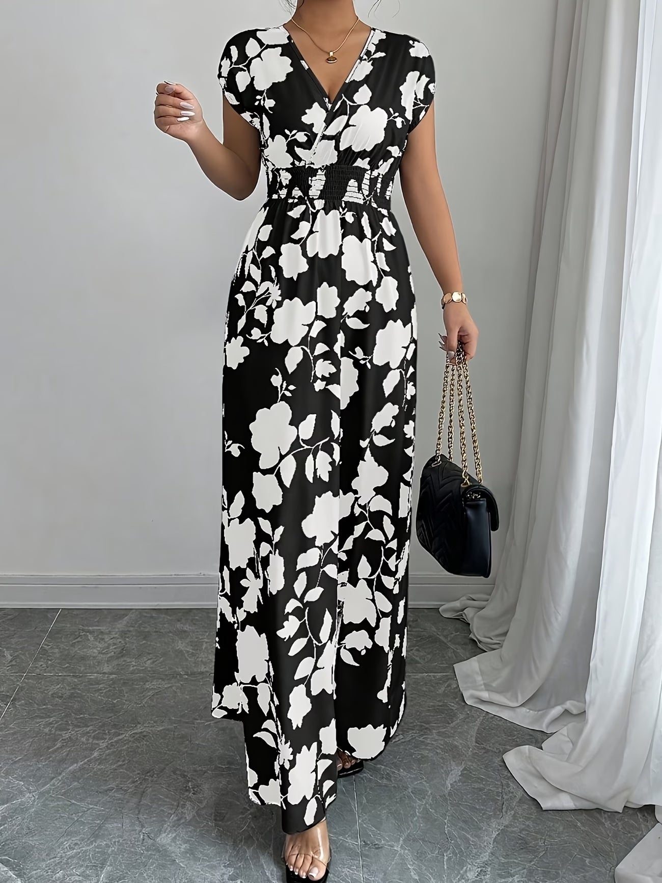 Elegant Floral Maxi Dress – V-Neck A-Line Flowing Dress with Cinched Waist for Women