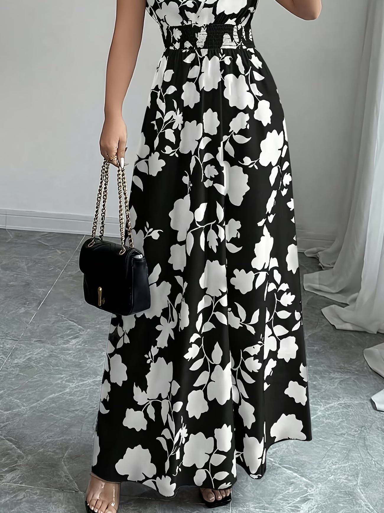 Elegant Floral Maxi Dress – V-Neck A-Line Flowing Dress with Cinched Waist for Women