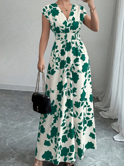 Elegant Floral Maxi Dress – V-Neck A-Line Flowing Dress with Cinched Waist for Women