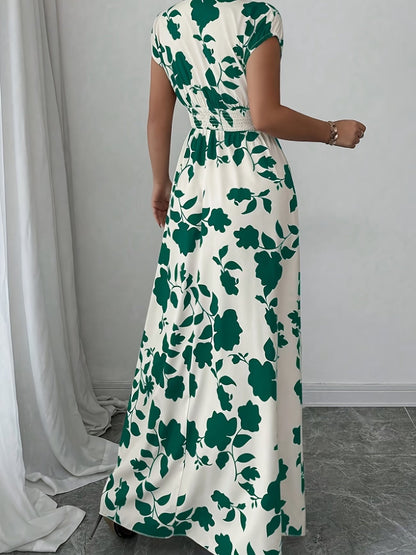 Elegant Floral Maxi Dress – V-Neck A-Line Flowing Dress with Cinched Waist for Women