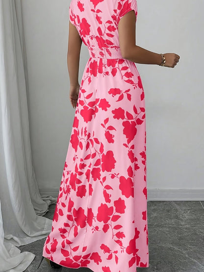 Elegant Floral Maxi Dress – V-Neck A-Line Flowing Dress with Cinched Waist for Women