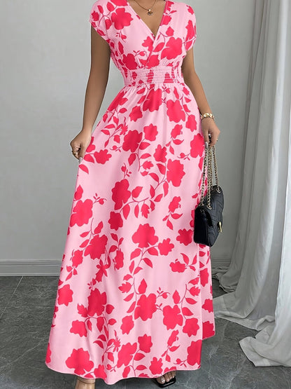 Elegant Floral Maxi Dress – V-Neck A-Line Flowing Dress with Cinched Waist for Women