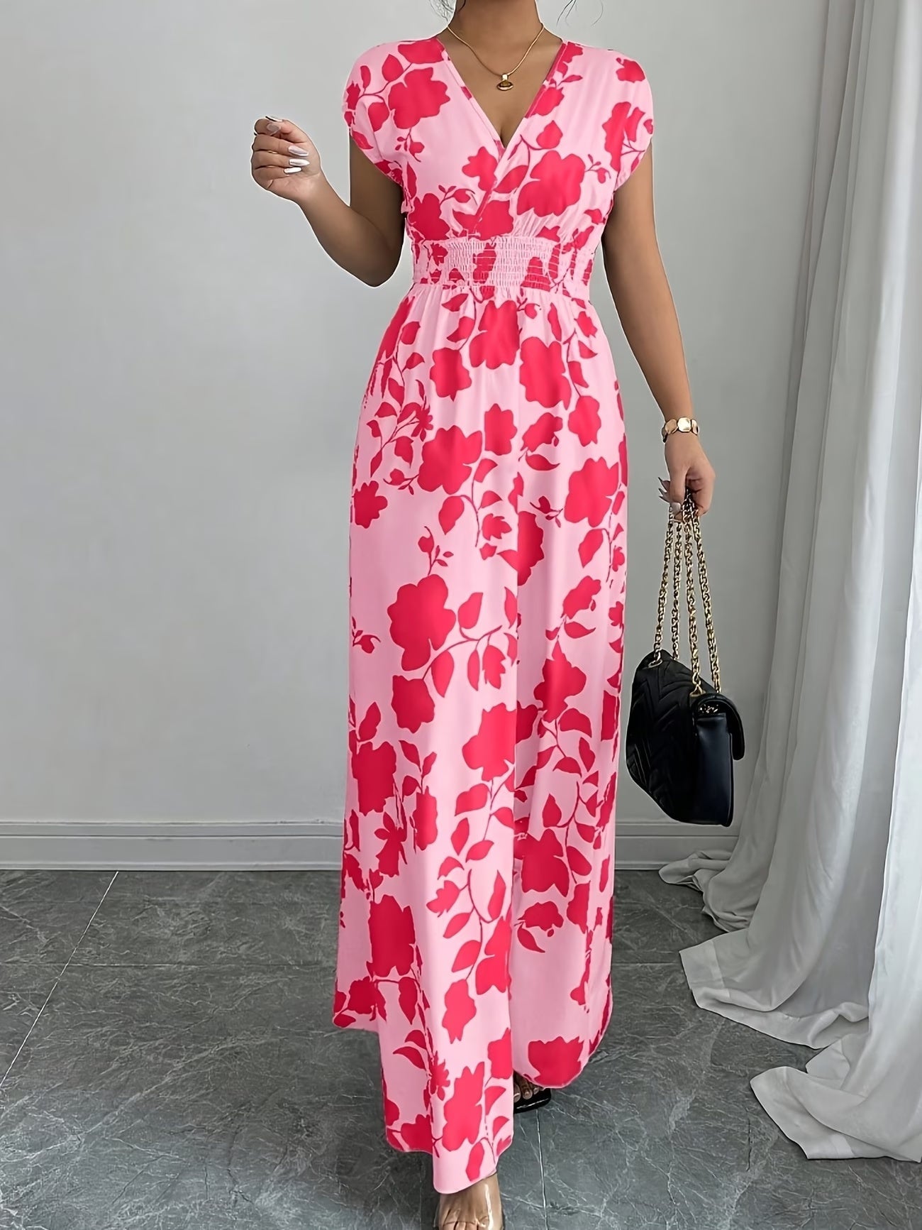 Elegant Floral Maxi Dress – V-Neck A-Line Flowing Dress with Cinched Waist for Women