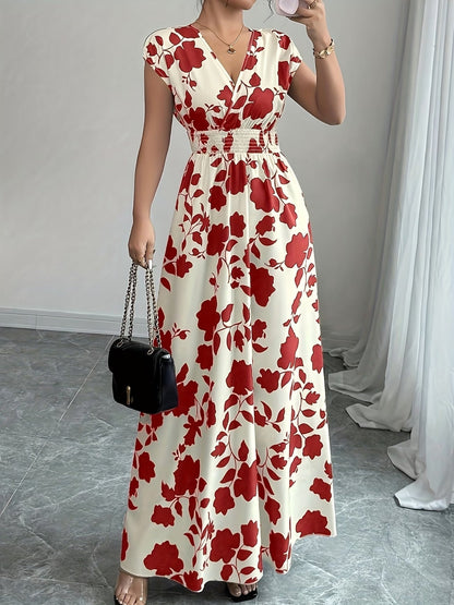 Elegant Floral Maxi Dress – V-Neck A-Line Flowing Dress with Cinched Waist for Women