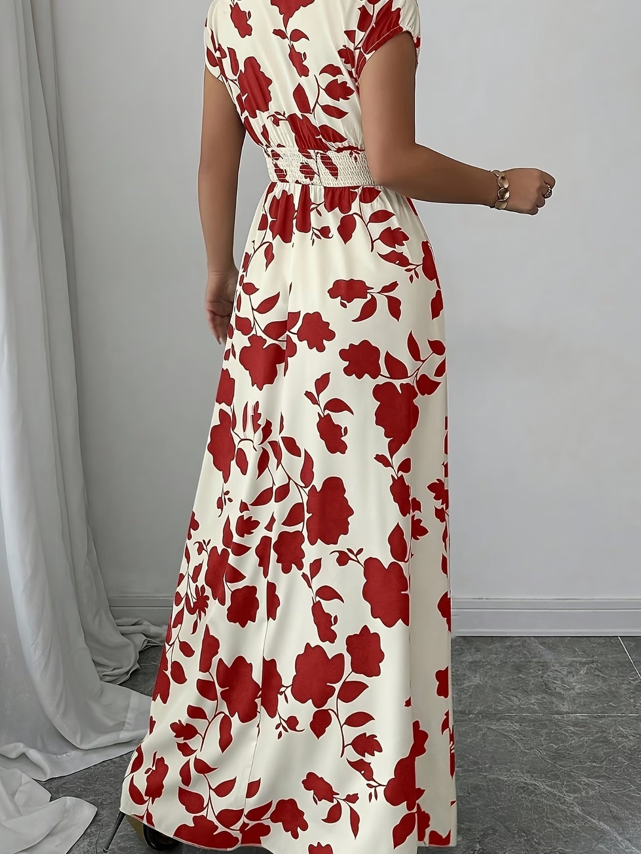 Elegant Floral Maxi Dress – V-Neck A-Line Flowing Dress with Cinched Waist for Women