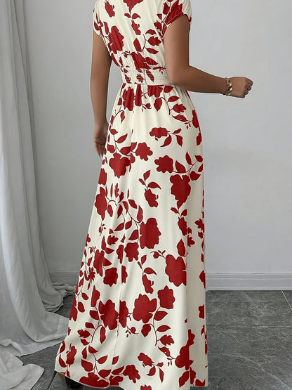 Elegant Floral Maxi Dress – V-Neck A-Line Flowing Dress with Cinched Waist for Women