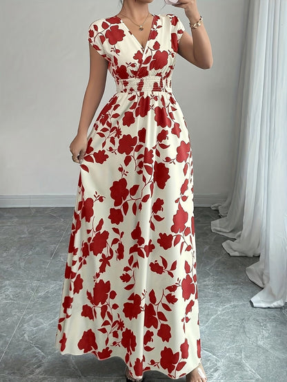 Elegant Floral Maxi Dress – V-Neck A-Line Flowing Dress with Cinched Waist for Women