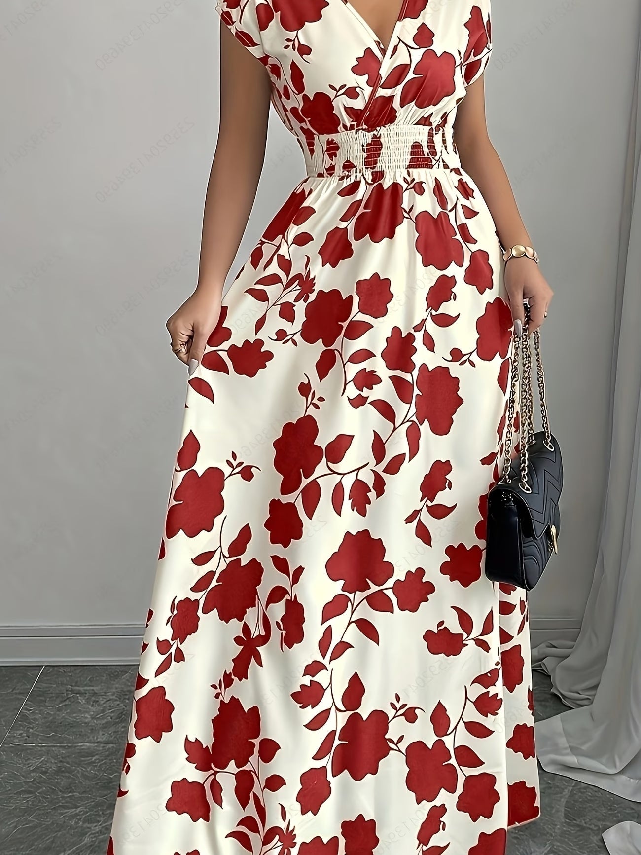 Elegant Floral Maxi Dress – V-Neck A-Line Flowing Dress with Cinched Waist for Women