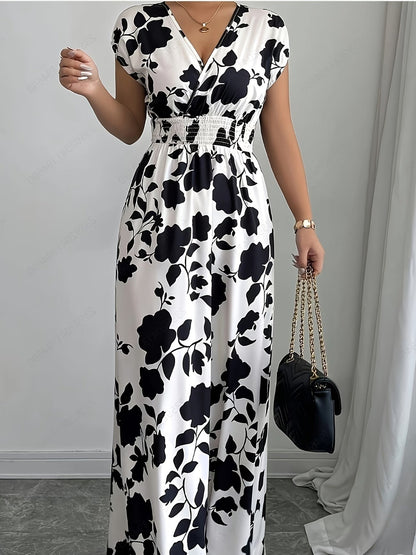Elegant Floral Maxi Dress – V-Neck A-Line Flowing Dress with Cinched Waist for Women