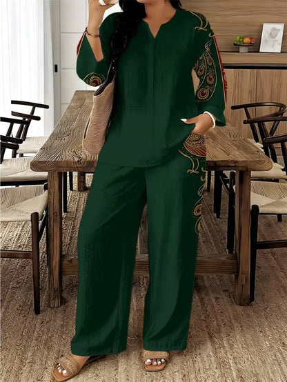 Stylish Printed Two-Piece Set – V-Neck Button Shirt & Elastic Waist Pants Outfit for Women
