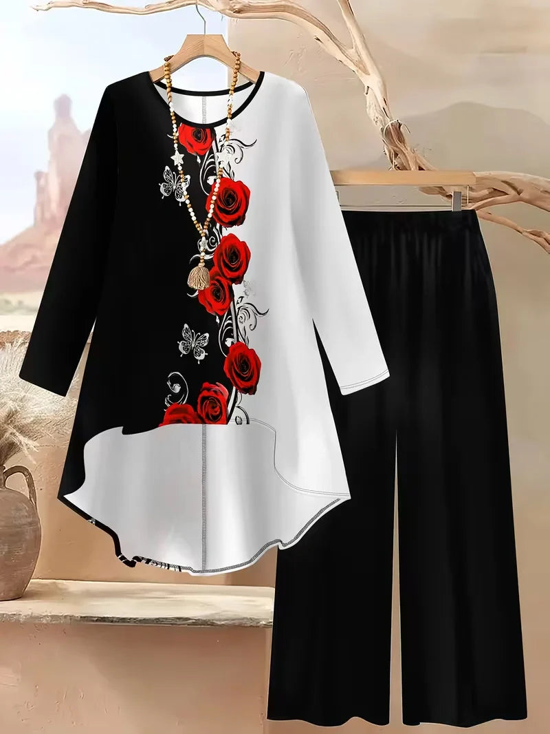 Plus Size Floral Long-Sleeve Co-Ord Set – Elegant Round Neck Outfit