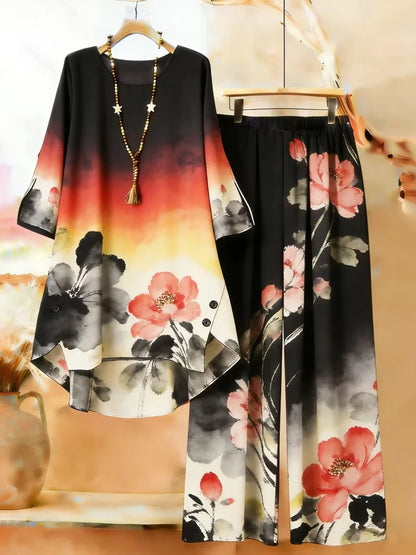 Plus Size Floral Long-Sleeve Co-Ord Set – Elegant Round Neck Outfit