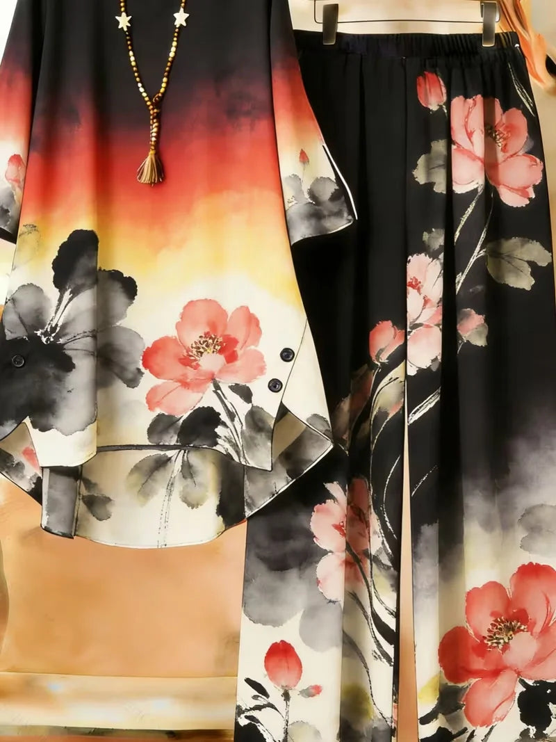 Plus Size Floral Long-Sleeve Co-Ord Set – Elegant Round Neck Outfit