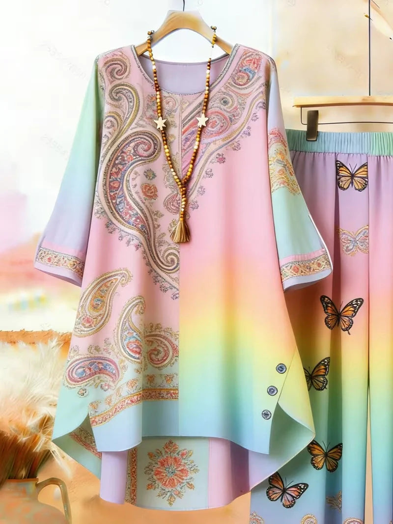 Plus Size Floral Long-Sleeve Co-Ord Set – Elegant Round Neck Outfit