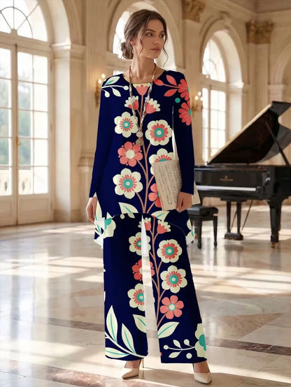 Plus Size Floral Long-Sleeve Co-Ord Set – Elegant Round Neck Outfit