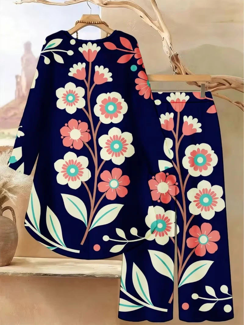 Plus Size Floral Long-Sleeve Co-Ord Set – Elegant Round Neck Outfit