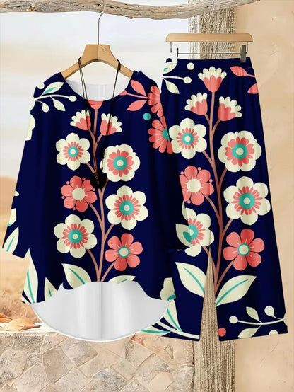 Plus Size Floral Long-Sleeve Co-Ord Set – Elegant Round Neck Outfit