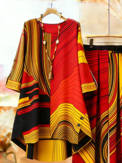 Plus Size Bohemian Geometric Print Co-Ord Set – Retro Round Neck Mid Sleeve Outfit