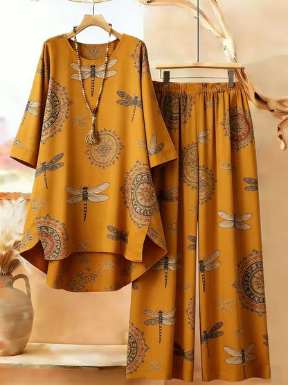Plus Size Bohemian Geometric Print Co-Ord Set – Retro Round Neck Mid Sleeve Outfit