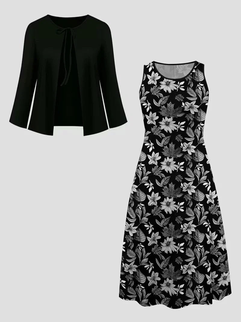 Women’s Floral Dress Set with Cardigan – Casual Elegant Wear