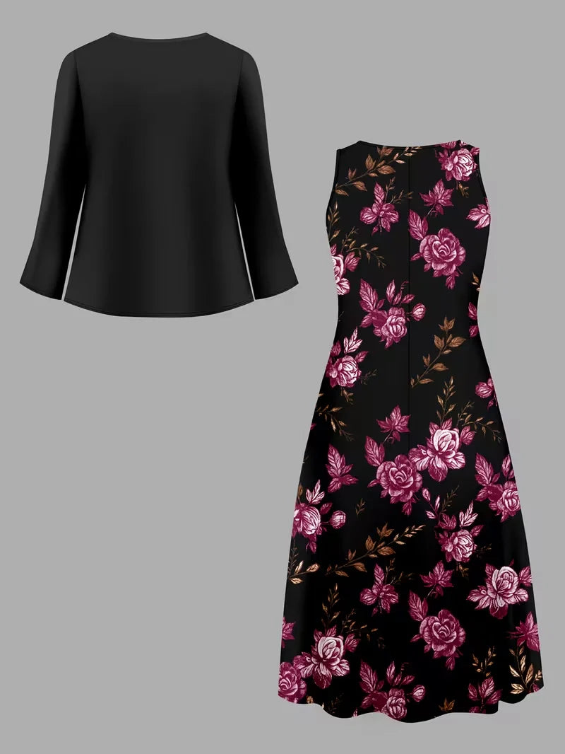 Women’s Floral Dress Set with Cardigan – Casual Elegant Wear