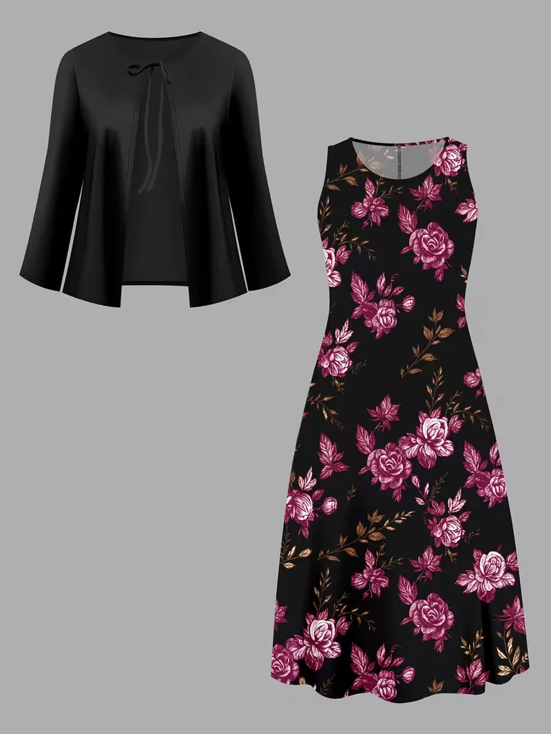 Women’s Floral Dress Set with Cardigan – Casual Elegant Wear