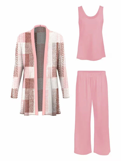 Floral Embroidered 3 Piece Linen Co-ord Set for Women — Jacket Vest and Wide Leg Pants
