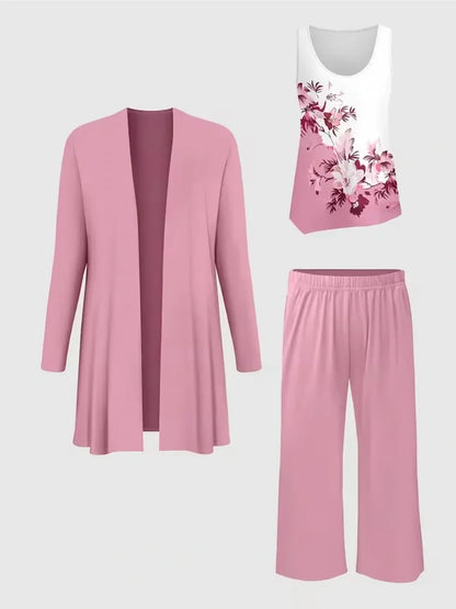 Floral Embroidered 3 Piece Linen Co-ord Set for Women — Jacket Vest and Wide Leg Pants