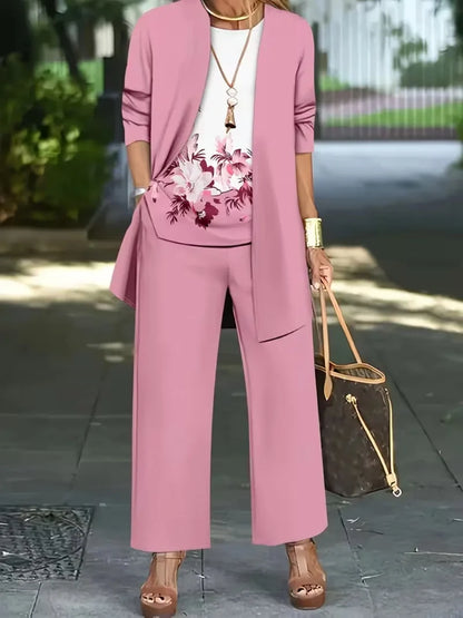 Floral Embroidered 3 Piece Linen Co-ord Set for Women — Jacket Vest and Wide Leg Pants
