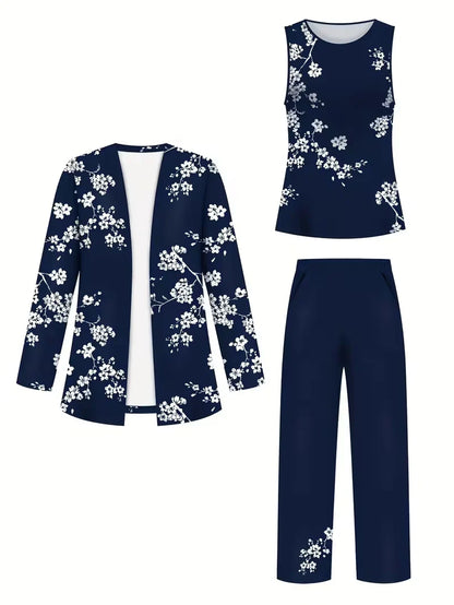 Floral Embroidered 3 Piece Linen Co-ord Set for Women — Jacket Vest and Wide Leg Pants