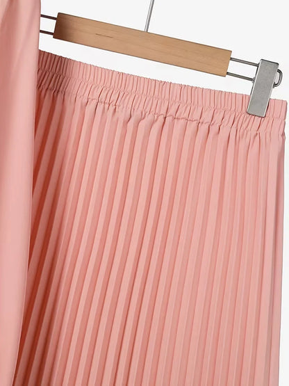 Effortless Everyday Elegance — Ruffle Blouse and Pleated Skirt Coord Set for Women