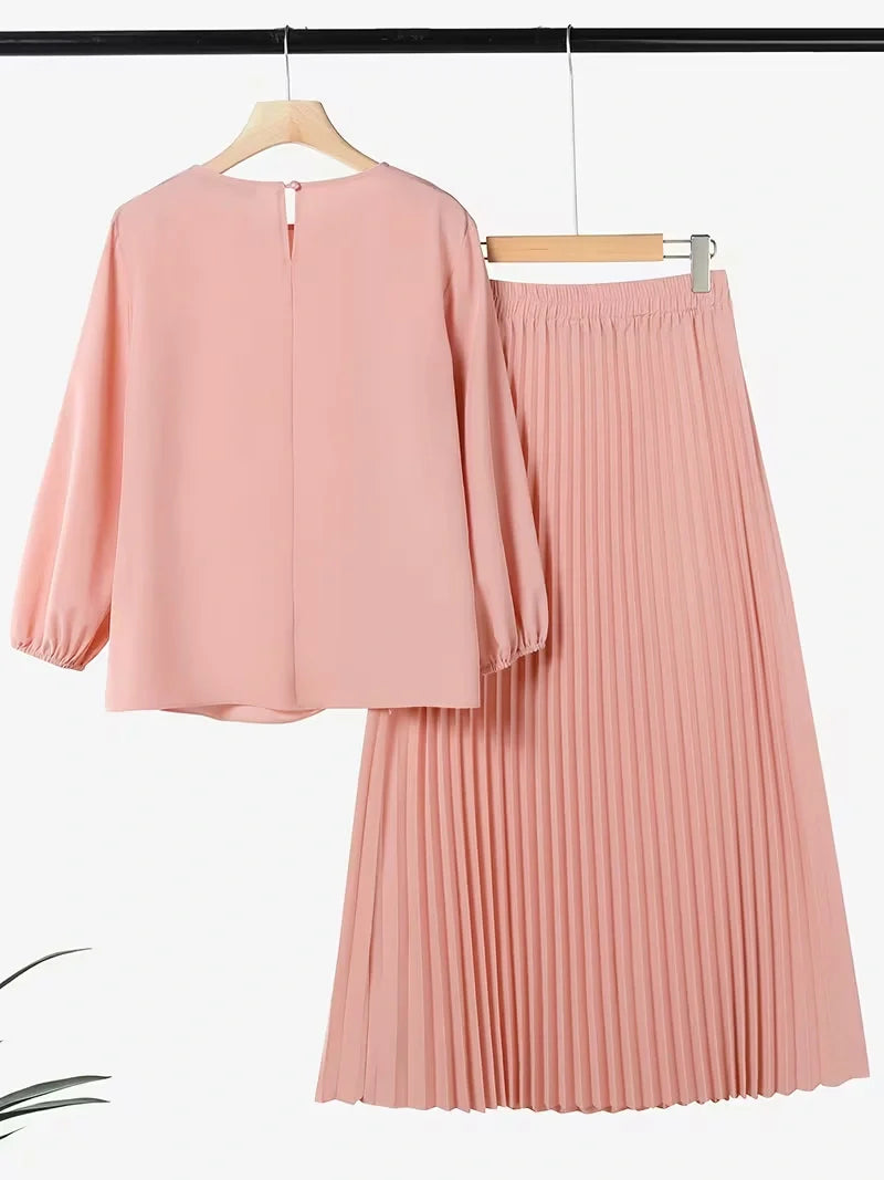 Effortless Everyday Elegance — Ruffle Blouse and Pleated Skirt Coord Set for Women