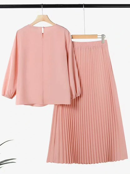 Effortless Everyday Elegance — Ruffle Blouse and Pleated Skirt Coord Set for Women